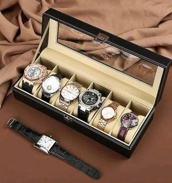 6-Slot Leather Watch Box Organizer with Glass Lid | Luxury Watch Display Case