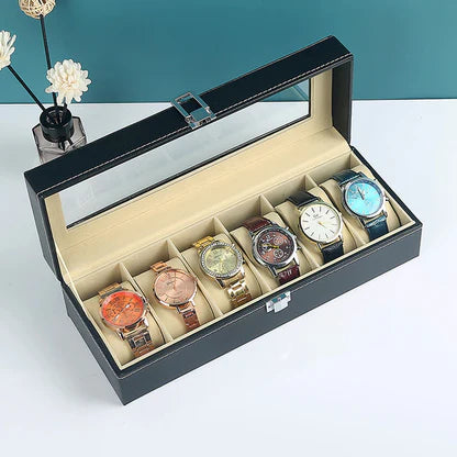 6-Slot Leather Watch Box Organizer with Glass Lid | Luxury Watch Display Case