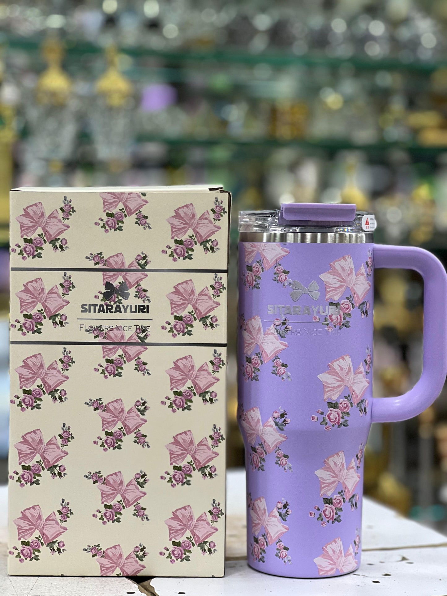 SITARAYURI Floral Travel Mug with Handle – Leakproof Coffee Tumbler 900ml