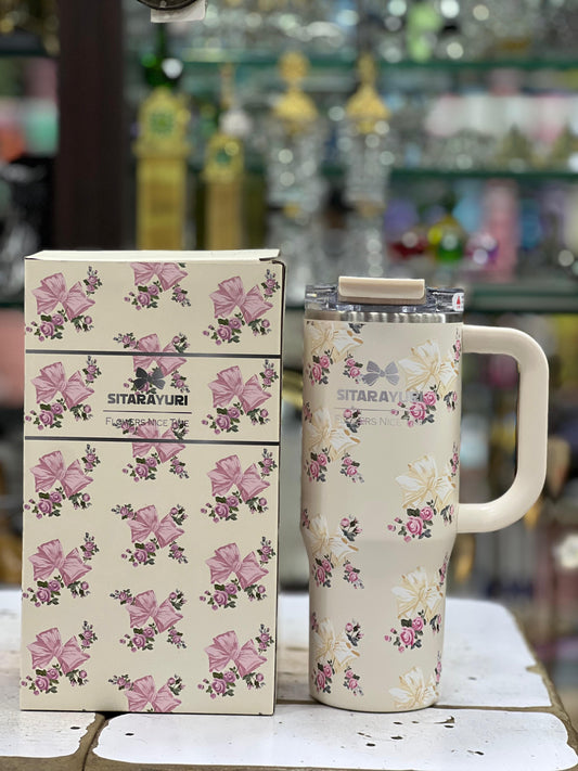 SITARAYURI Floral Travel Mug with Handle – Leakproof Coffee Tumbler 900ml