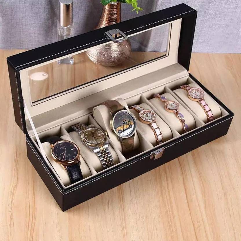 6-Slot Leather Watch Box Organizer with Glass Lid | Luxury Watch Display Case